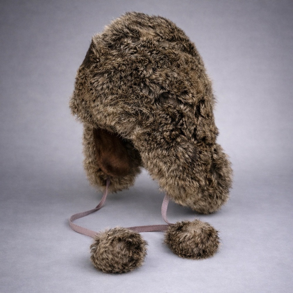 Russian Fur Trapper Hat Womens Small Soviet Rabbit Ushanka with Pom Poms Size 54